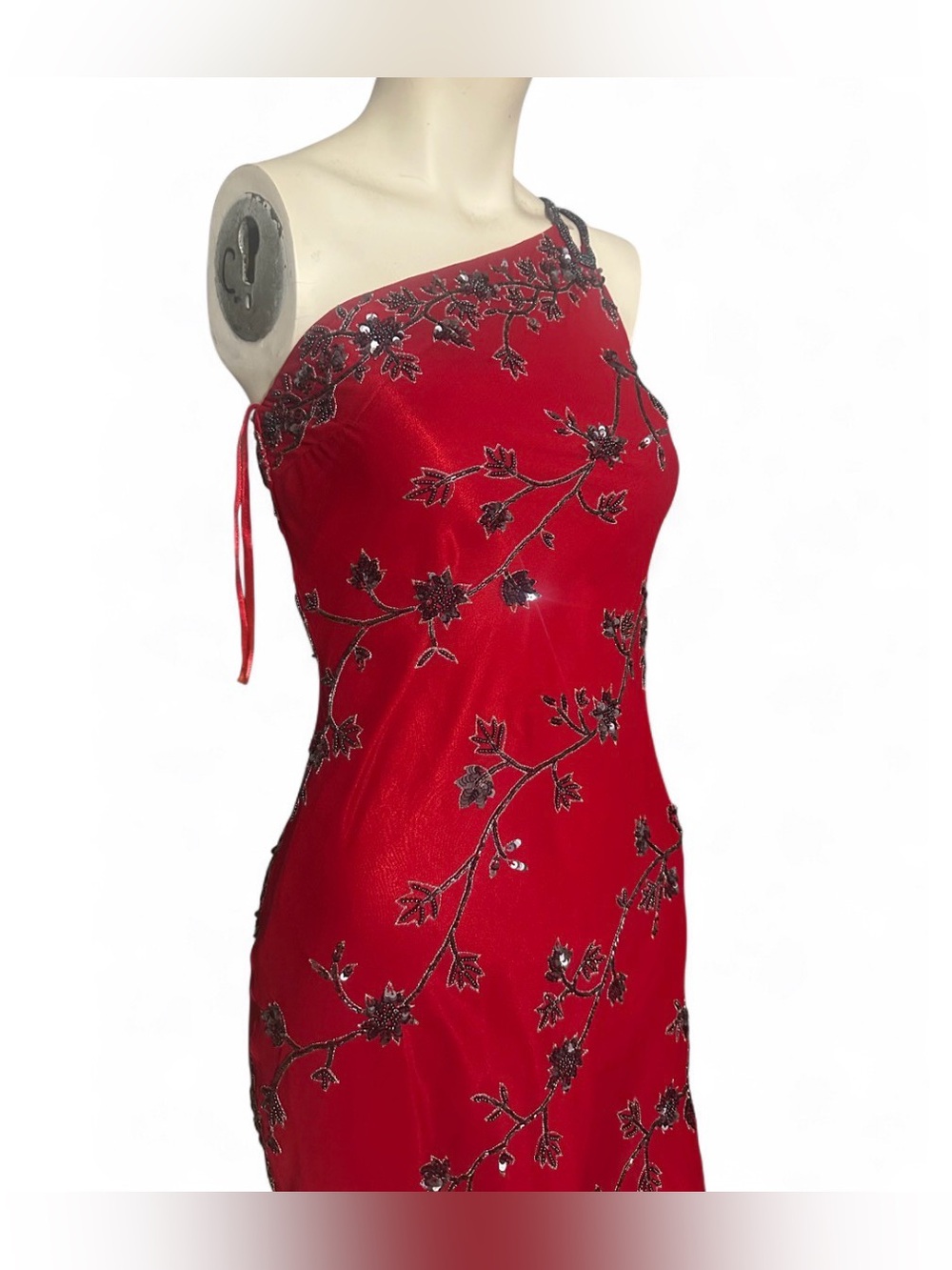 Vintage Scala Red maxi dress with black floral embroidery, 100% silk size XS - Picture 2 of 9